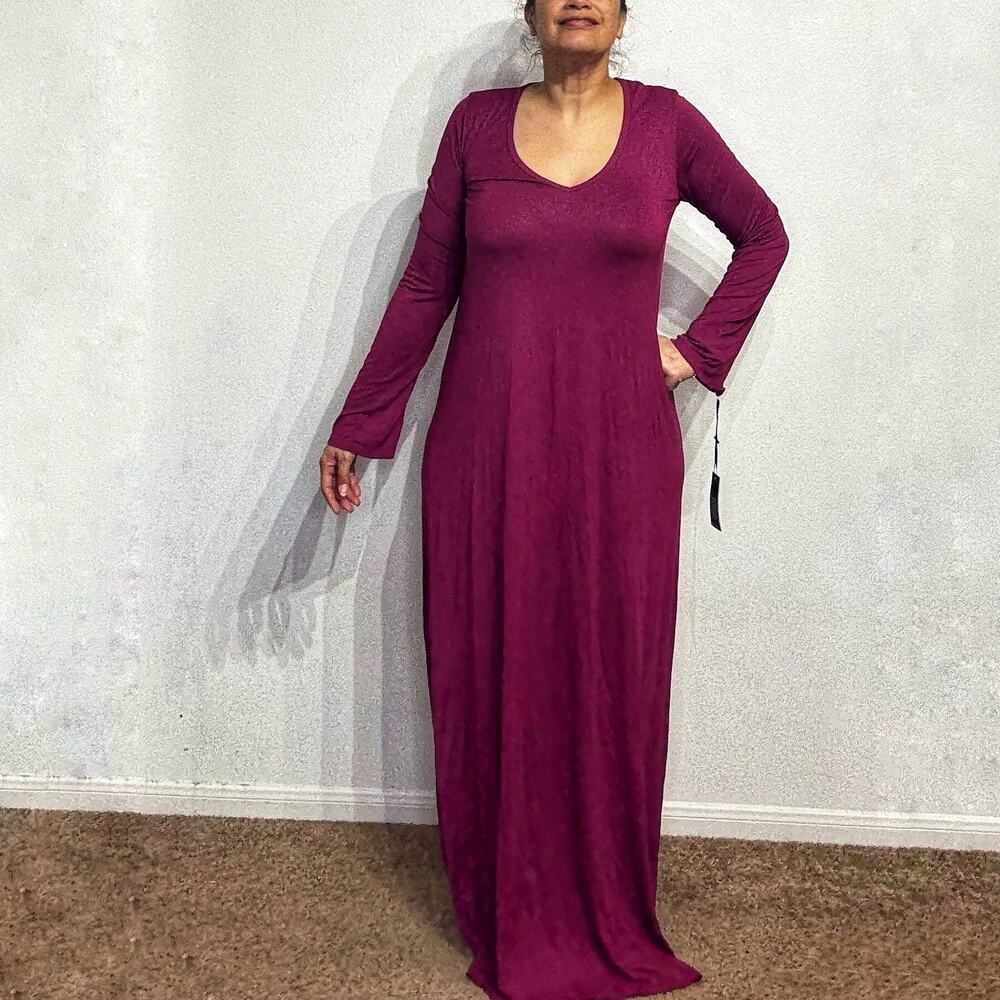 Michael Lauren Burgundy Deep V-Neck Jersey Maxi Dress Sz L NWT